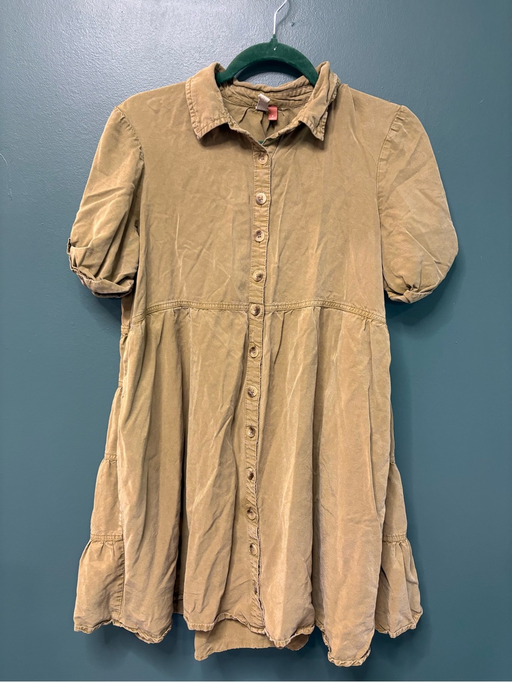Pilcro Anthropologie Tan Button-Front Mini Dress with Puff Sleeves size S